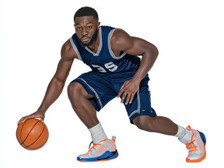Fototapeta premium African American male basketball player in blue jersey dribbling a basketball while crouching, showcasing athleticism and focus in a dynamic sports action scene
