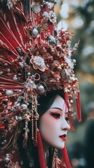 A performer dons a classic Chinese headdress in a vibrant New Year parade. Vertical.