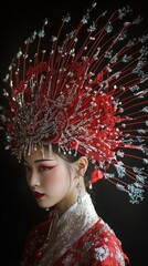 A traditional Chinese headdress is worn by a performer during the New Year parade. Vertical.