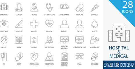 A clean and professional set of hospital and medical line icons including doctor, nurse, ambulance, stethoscope, pills, patient, and more. Perfect for use in healthcare apps, medical websites, 