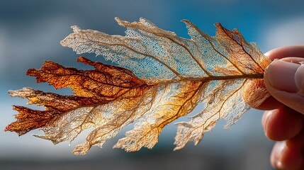 Delicate skeletal leaf highlighting intricate patterns and vibrant colors reflecting natural beauty