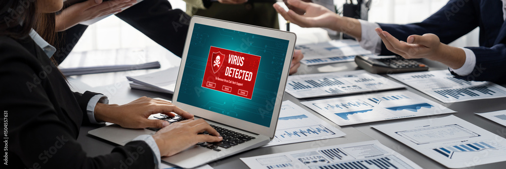 Poster virus warning alert on computer screen detected brisk cyber threat , hacker, computer virus and malw
