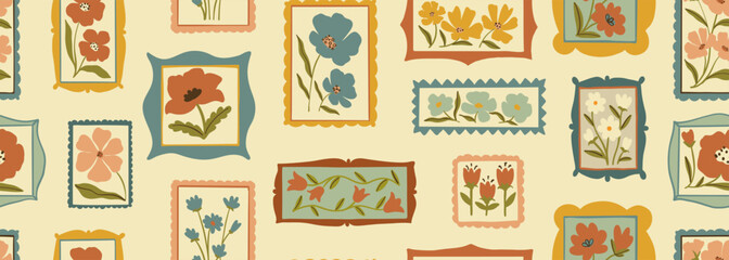 Retro cartoon floral frame illustration seamless pattern. Vintage style flower design collection. Geometric grid, mosaic natural bouquet decoration, spring season nature flowers.