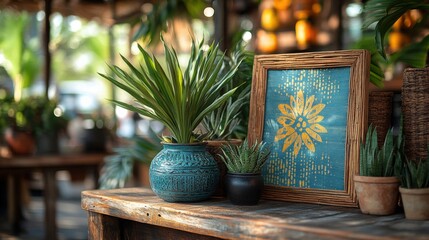 A vibrant indoor market scene featuring decorative plants and artwork on display