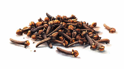 Obraz premium Dried Cloves Scattered – Aromatic Spice on White Background Watercolor Illustration