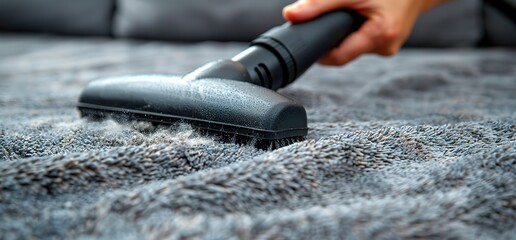 Closeup of a hand using a vacuum cleaner to clean pet hair from a grey sofa.