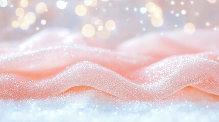 Fototapeta premium Holiday Christmas decoration, glittering pink cloth on white with bokeh, concept for holiday promotion, print, card, poster.