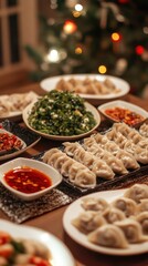 A festive table is set with dumplings and dipping sauces for the New Year feast. Vertical.