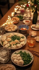 A festive table is adorned with New Year dumplings and an assortment of dipping sauces. Vertical.
