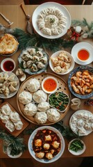 A table brims with assorted New Year dumplings and rich dipping sauces on a festive spread. Vertical.