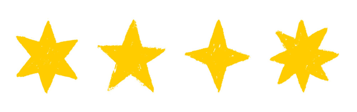 Set of gold chalk drawing stars. Shine or sparkle doodle collection. Children style yellow wax pencil hand drawing elements of night sky. Crayon scratch grunge texture star shapes.
