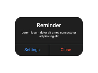Dark reminder notification pop up UI design with settings and close buttons on a transparent background for mobile app and web alert interface in a minimal modern style
