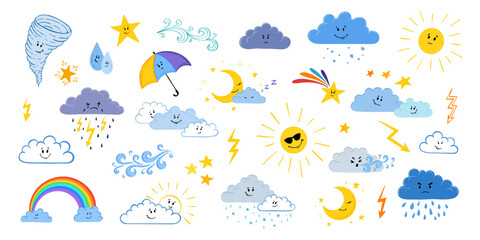 Cute hand-drawn weather elements set with suns, moons, rainbows, clouds, raindrops, and stars in a childish style. cartoon cute set. Weather character with smile and angry face