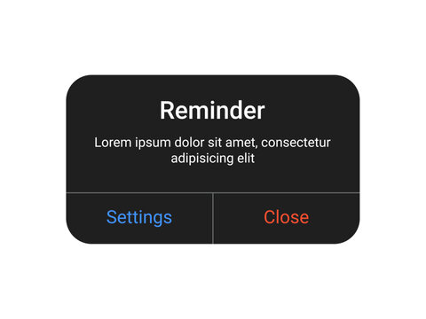 Dark reminder notification pop up UI design with settings and close buttons on a transparent background for mobile app and web alert interface in a minimal modern style