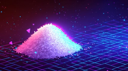 Digital representation of a rice mound on a vibrant grid background with glowing effects