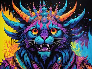 Colorful fantasy cat with horns in a psychedelic style. Bright, surreal, and mythical creature artwork, perfect for fantasy themes or creative illustrations.