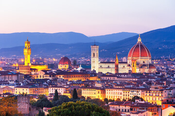 Beautiful view on hard of amazing Florence city and the Cathedral at sunrise, Florence, Italy
