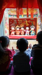 Kids enjoy a playful puppet show amid vibrant festive celebrations of Chinese New Year. Vertical.