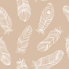 Seamless pattern boho feathers collection. Floral hand drawn vintage set. Sketch art doodle illustration. Element design for greeting cards and invitations,