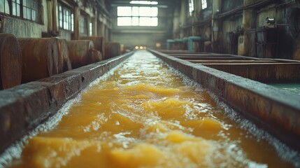 Industrial process of orange liquid flowing through machinery with natural light