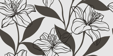 Seamless pattern of creative minimalist hand draw illustrations floral outline lily pastel black and white simple shape for wall decoration, postcard or vintage brochure cover design