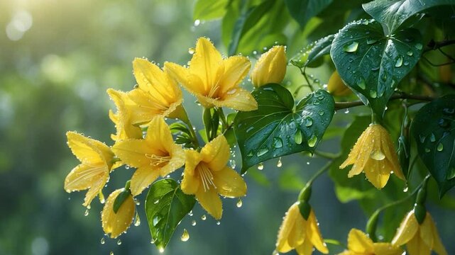 Tecoma stans adorned with raindrops. A stunning video.