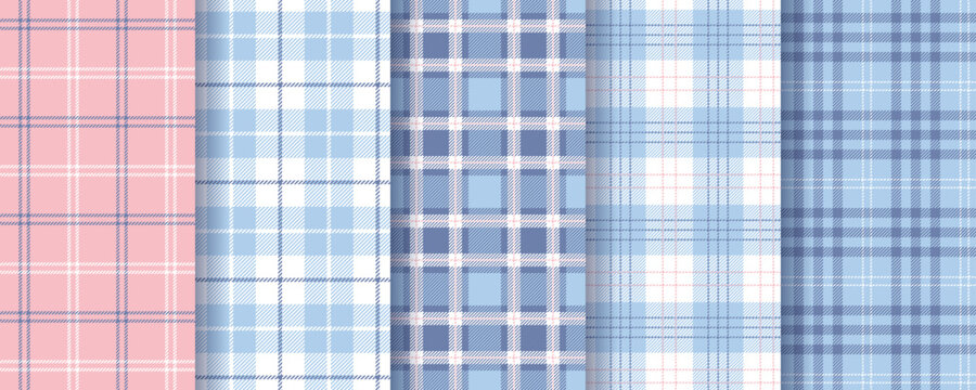 Checkered plaid background. Tartan seamless pattern. Flannel prints. Blue pink textures. Lumberjack tablecloth. Set gingham fabrics. Vichy shirt textile. Buffalo check cloth. Vector illustration