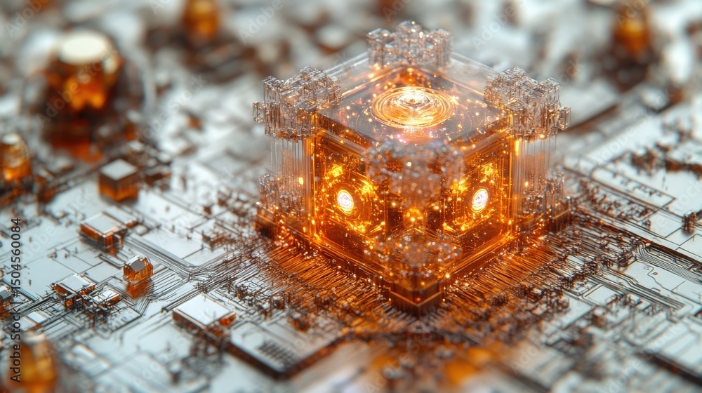Poster intricate glowing cube on a circuit board, showcasing advanced technology and innovation