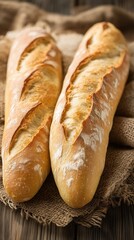 Golden crusty baguettes on rustic burlap