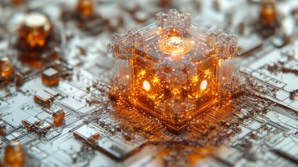Intricate glowing cube on a circuit board, showcasing advanced technology and innovation