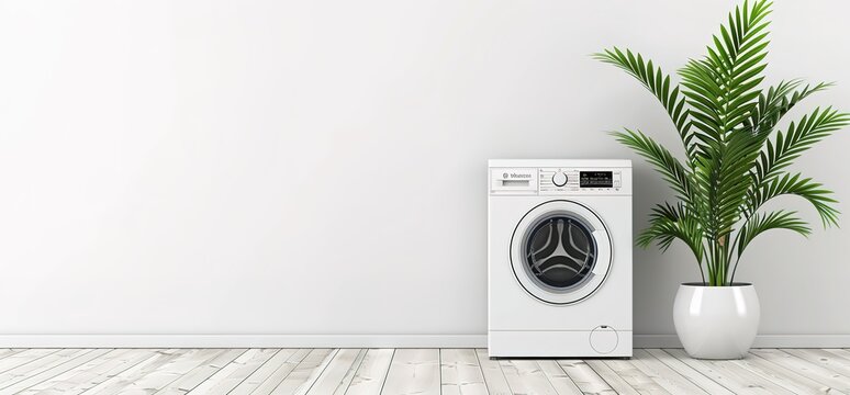 A modern white washing machine in a minimalist room with a potted palm plant.  A clean and simple interior design.