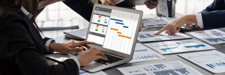 Project planning software for brisk business project management on the computer screen showing...