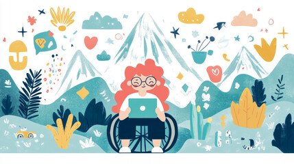 Girl in Wheelchair with Laptop in Mountainous Landscape, Flat Illustration, Disability Awareness Design