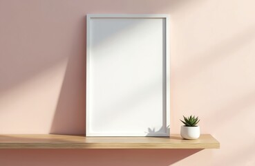 Clean white poster mockup leaning on wooden table against pink wall. Modern interior with plant. Minimalist display of artwork design concept. Shadow play on wall.