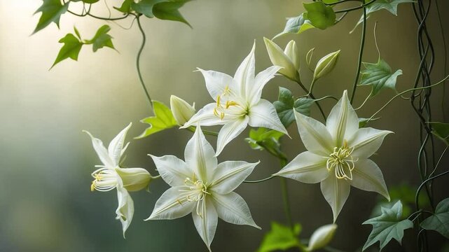 Charming Autumn Clematis with beautiful white flowers, close-up perspective. The fragrant vine is a climbing, ornamental plant, contributing to garden beauty.