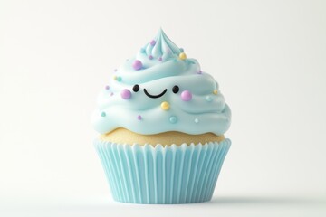 A cute cupcake with light blue frosting, colorful sprinkles, and a simple smiling face, isolated on a white background. 