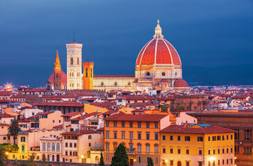 Beautiful view on hard of amazing Florence city and the Cathedral at sunrise, Florence, Italy

