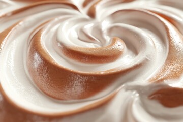 A macro shot shows a swirl of light-colored cream with brown caramel running through it in a mesmerizing circular pattern.