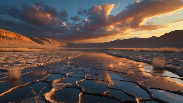 Sunset over the reservoir during a drought, with the ground cracked by the sun and water shortages.