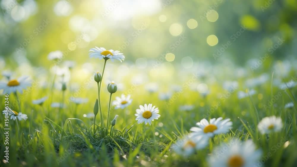 Poster bright spring meadow adorned with daisies. horizontal nature scene with shallow depth of field and v