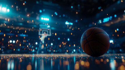 Obraz premium Dramatic closeup of a basketball on a glowing court during a game, arena lights sparkle and shine