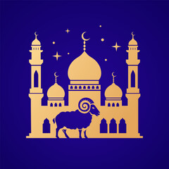 greeting card for muslim festival of sacrifice eid al-adha. islamic crescent moon, barn and golden mosque with stars. vector illustration