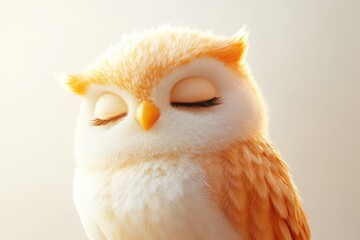 Obraz premium A serene and charming owl with closed eyes, showcasing soft orange and white feathers in gentle, diffused lighting.