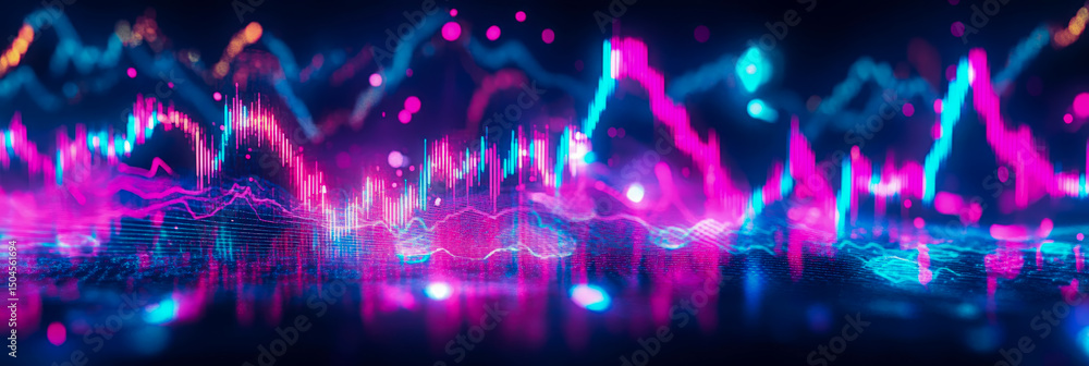 Poster stock market analysis graph concept: candlestick chart with cyan and magenta glowing data for financ