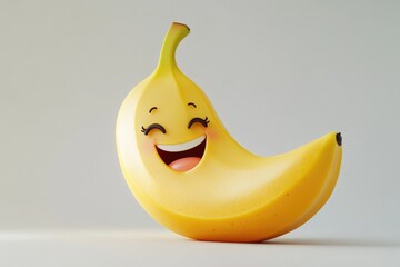 A charming cartoon banana with a wide smile and eyelashes, standing out against a soft, neutral background.