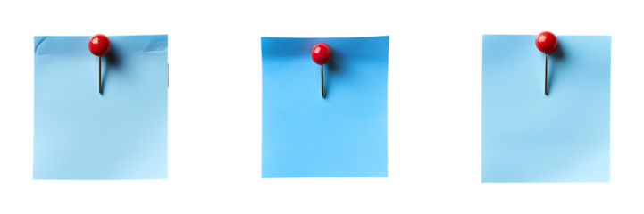 Collection set of blue paper notes with push pin isolated on transparent background