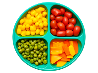 Colorful kids plate with assorted vegetables isolated on transparent background