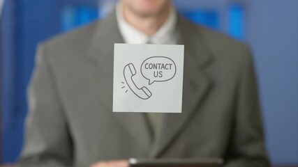 Businessman is holding a smartphone while attaching a sticky note with a phone icon and contact us text to a transparent board on a blue background