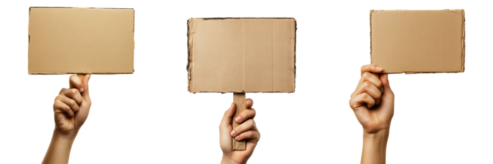 Set of hands with cardboard placards isolated on transparent background