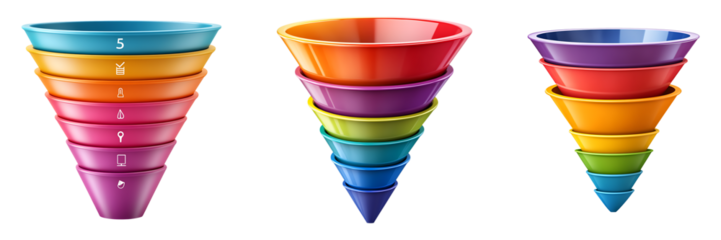 Set of multicolored marketing funnels isolated on transparent background